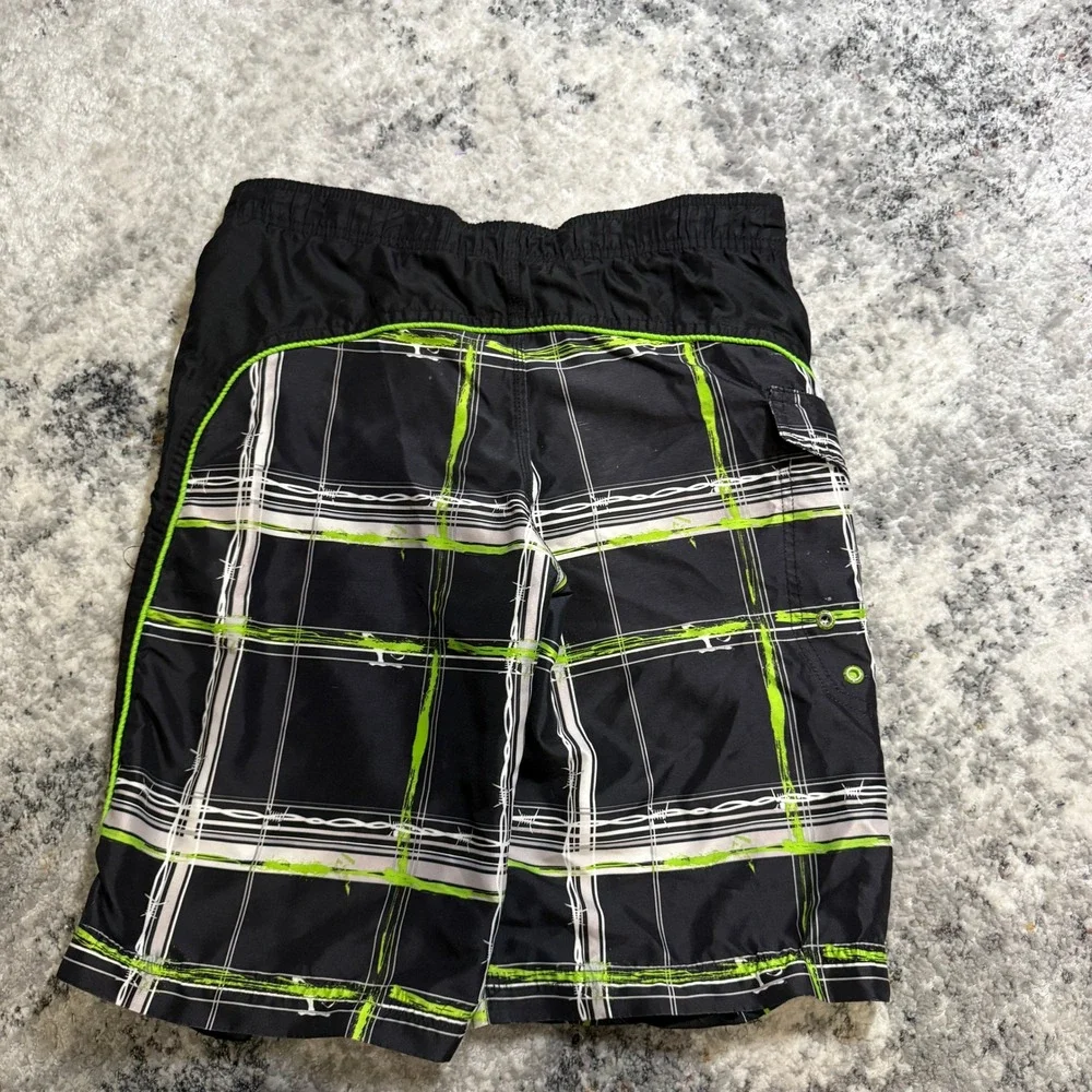 ZeroXposur Mens Board Shorts Black Green‎ Plaid Barbed Wire Swim Trunks M 10/12